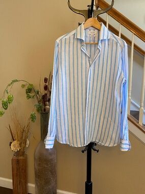 Porter & Ash 100% Linen Blue and White Striped Button Down Shirt Sz Medium